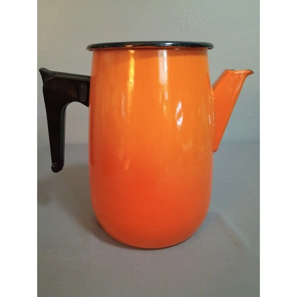 Vintage Aubecq Orange Ombre Enamel Mid Century Modern Coffee Pot France Aubeco